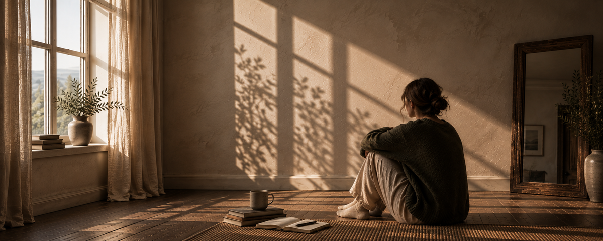 An empty dining table in a quiet, darkened room