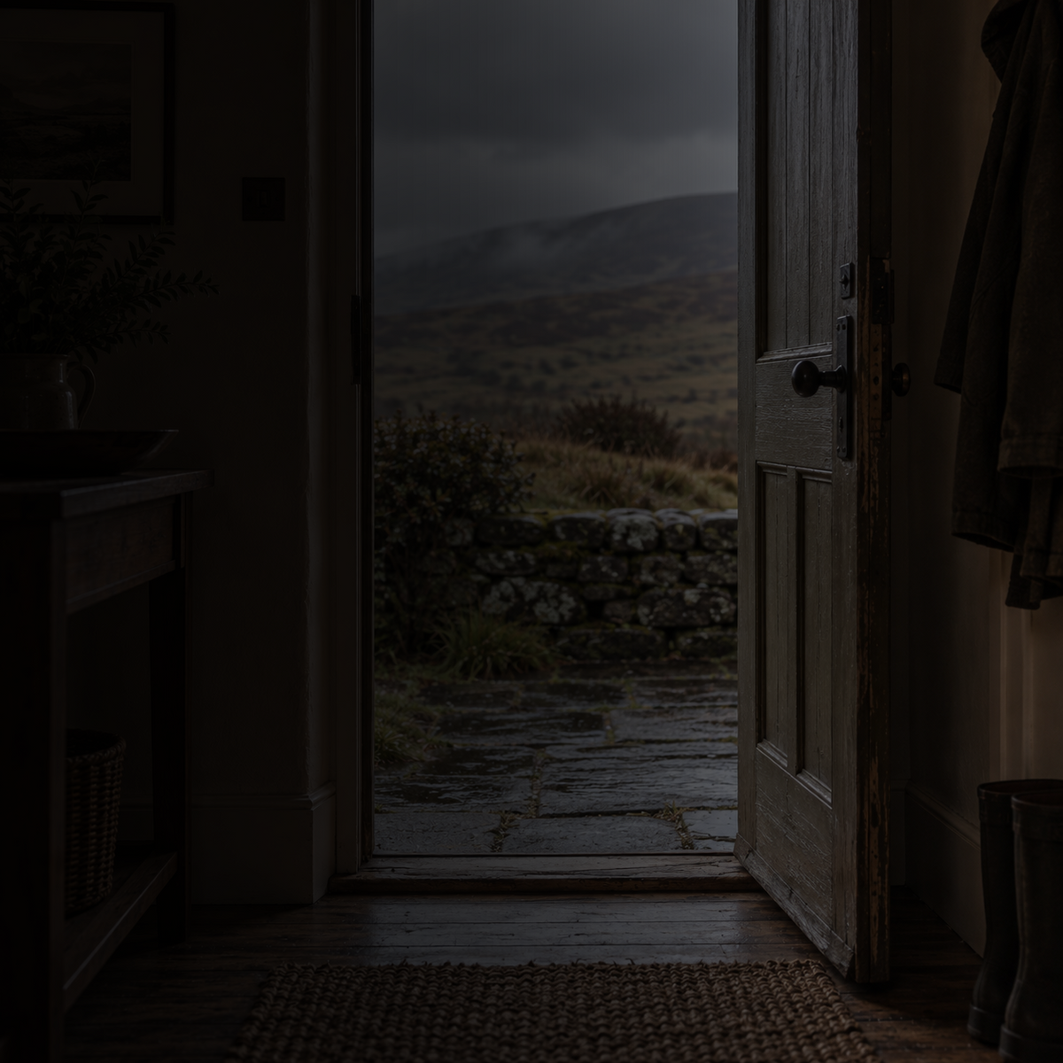 An open doorway looking towards an upland landscape